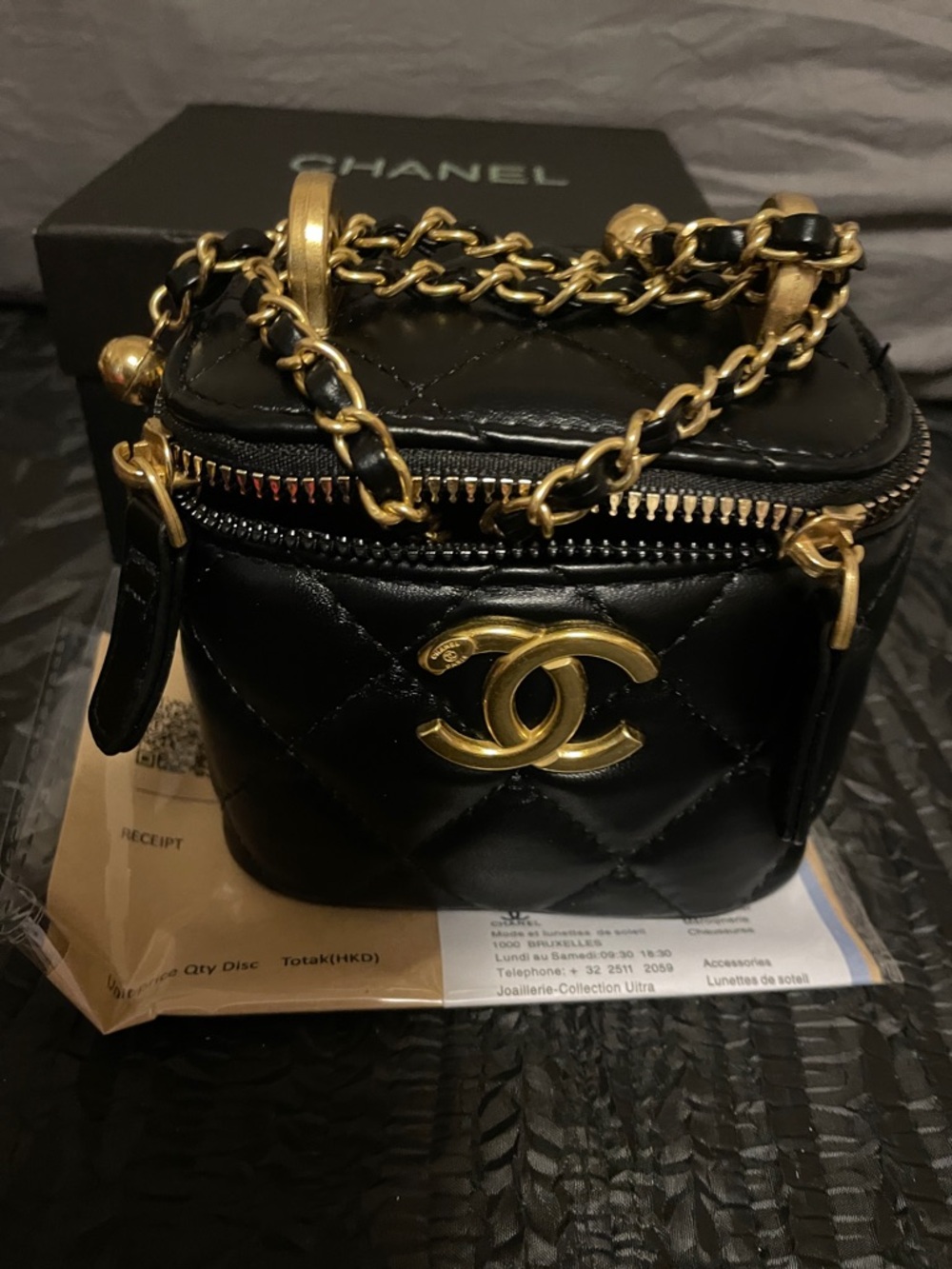 VIP Black Quilted Mini Vanity Bag with Gold Chain